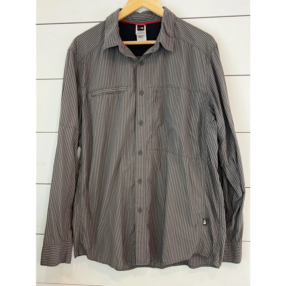 The North Face Mens Large Grey Striped Hiking Shirt Long Sleeve Vented Gorpcore